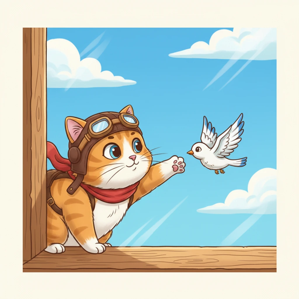 Milo, a fluffy ginger cat, sat on a sun-drenched windowsill, his gaze fixed on the birds soaring gracefully across the clear blue sky. His whiskers twitched with a deep longing, wishing he could join them amongst the clouds.