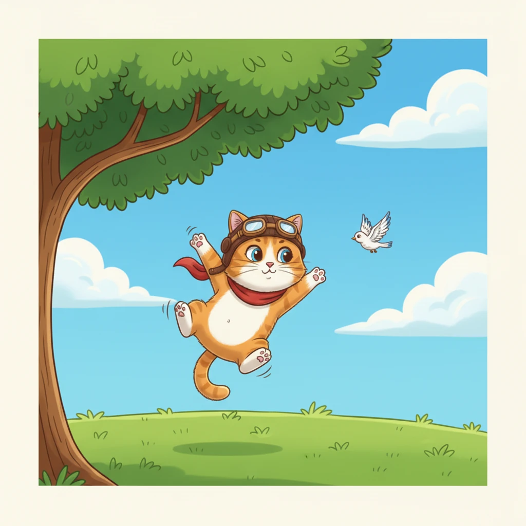 Determined, Milo tried to leap from the tallest tree in the garden, flapping his paws with all his might. He tumbled gracefully onto a soft patch of grass, shaking his head slightly, a little disappointed but not discouraged.