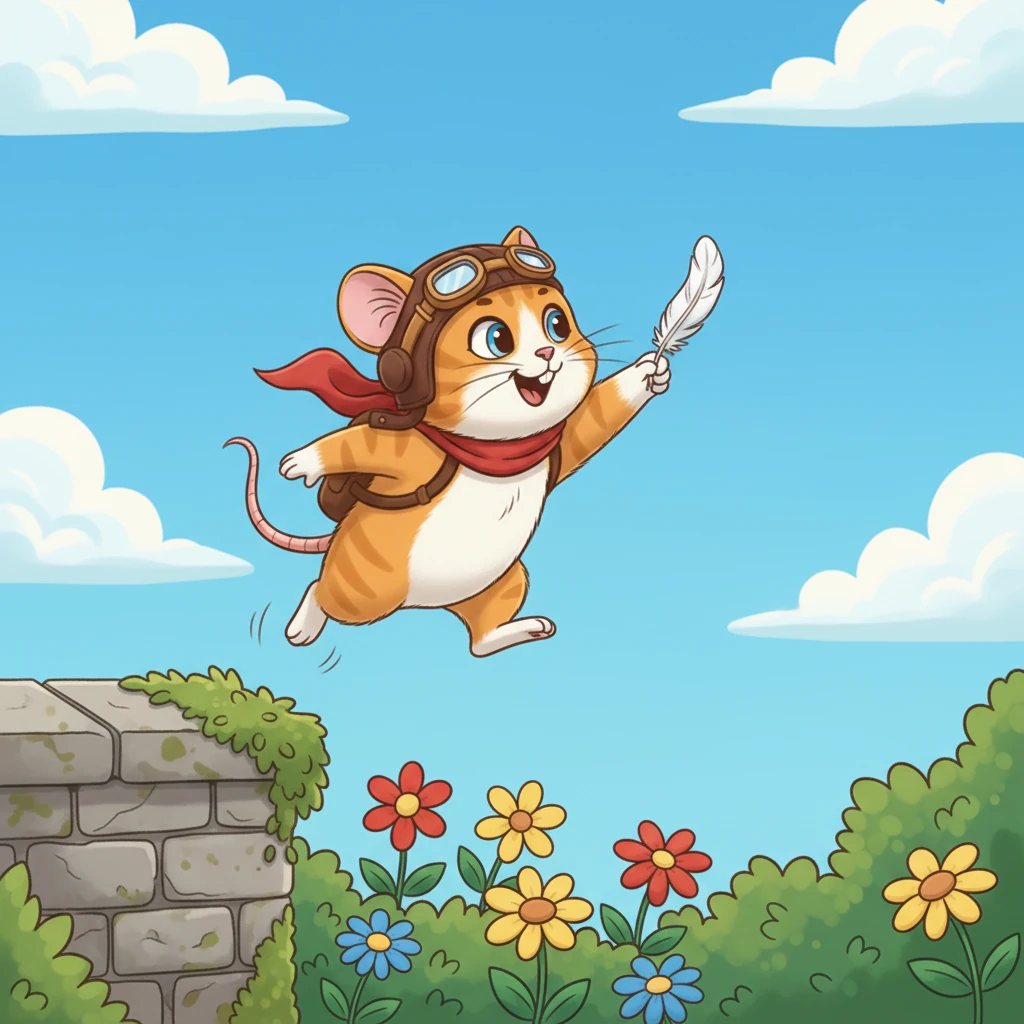 Holding the magical feather tightly in his paw, Milo took a deep breath and jumped from his favorite garden wall. This time, instead of falling, he floated! Slowly, he began to rise, higher and higher into the air.