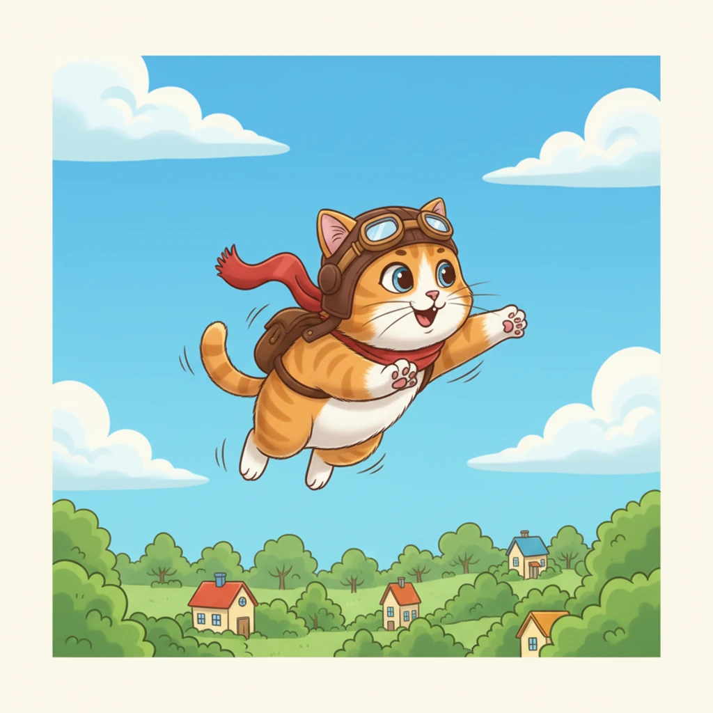 He soared above his garden, feeling the wind ruffle his soft fur, looking down at his house which now seemed so small. The world unfolded beneath him in a vibrant tapestry of green trees and colorful rooftops.