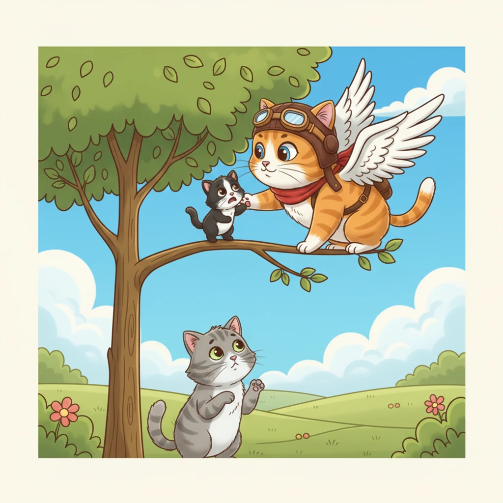 High above, he spotted a tiny kitten stranded on a precarious tree branch, crying out for help. With his newfound flying ability, Milo gently nudged the scared kitten down to safety, guiding it back to its worried mother.
