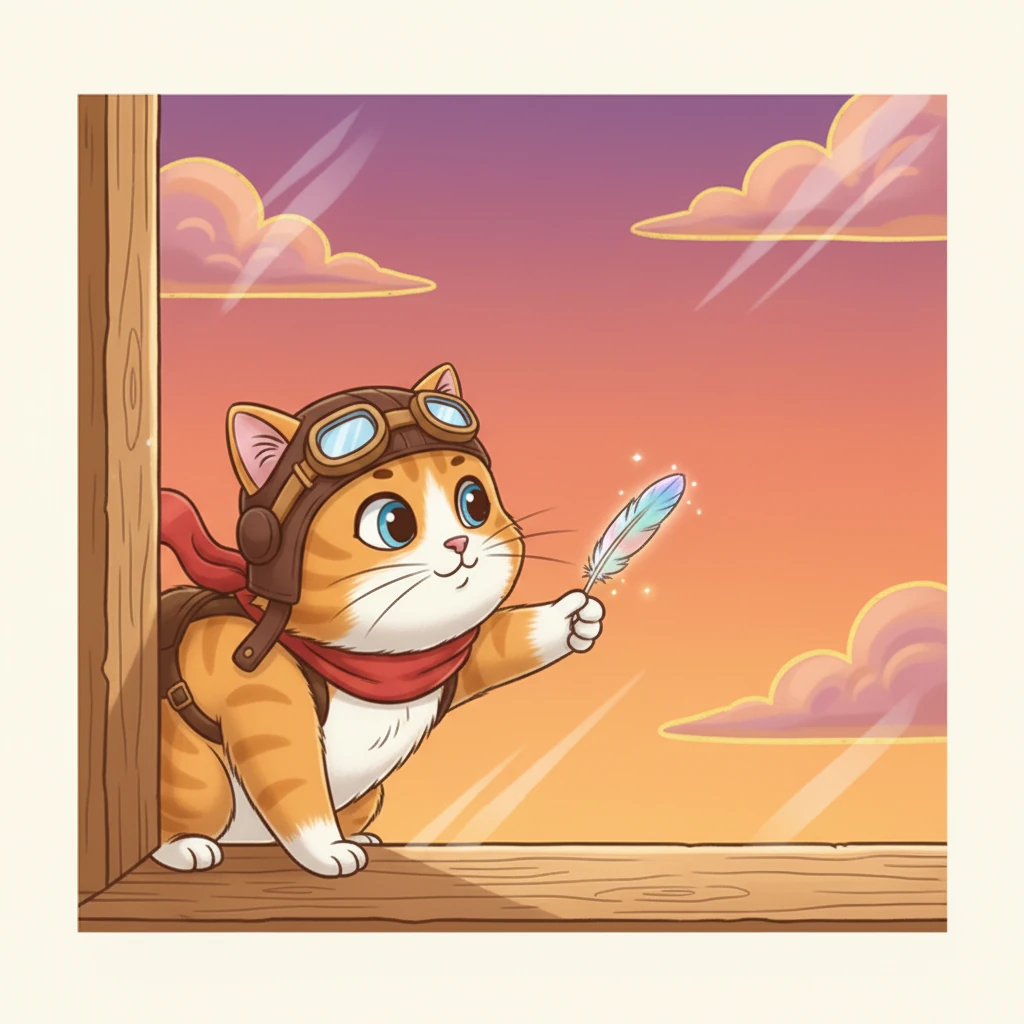 As the sun began its descent, painting the sky in breathtaking hues of orange, pink, and purple, Milo gracefully descended. He landed softly back on his familiar windowsill, the magical feather still clutched gently in his paw.