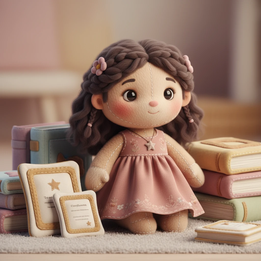 Sofía, una figura redonda y adorable, se sienta rodeada de montones de libros de tela suave y diplomas enmarcados con bordes acolchados. Su rostro, aunque satisfecho, lleva una expresión sutilmente pensativa, como si algo la inquietara a pesar de sus muchos logros.