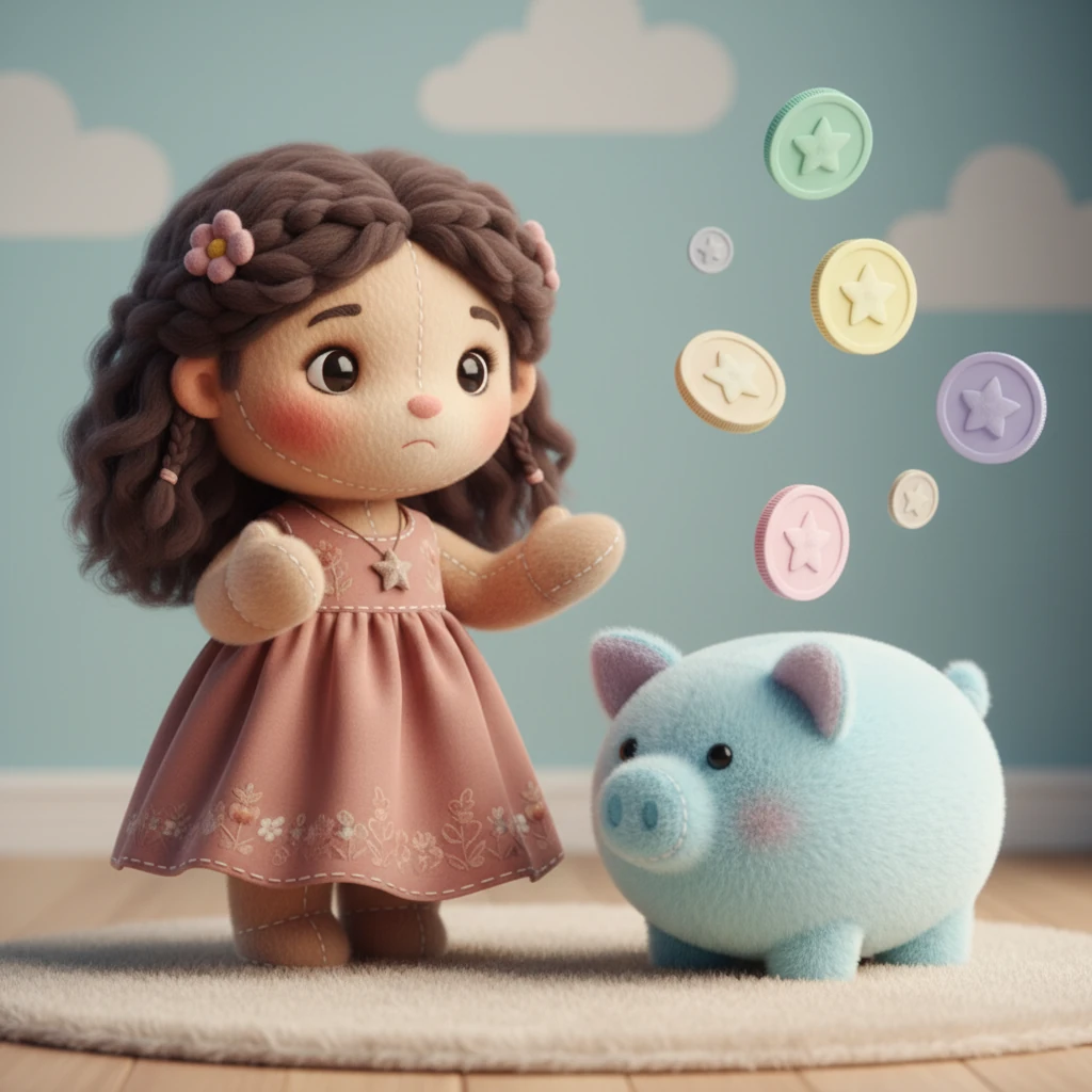 A pesar de sus títulos, Sofía mira con curiosidad y una pizca de preocupación una suave alcancía de peluche. Unas pocas monedas de colores pastel flotan a su alrededor, simbolizando una confusión dulce pero persistente sobre cómo manejar el dinero.