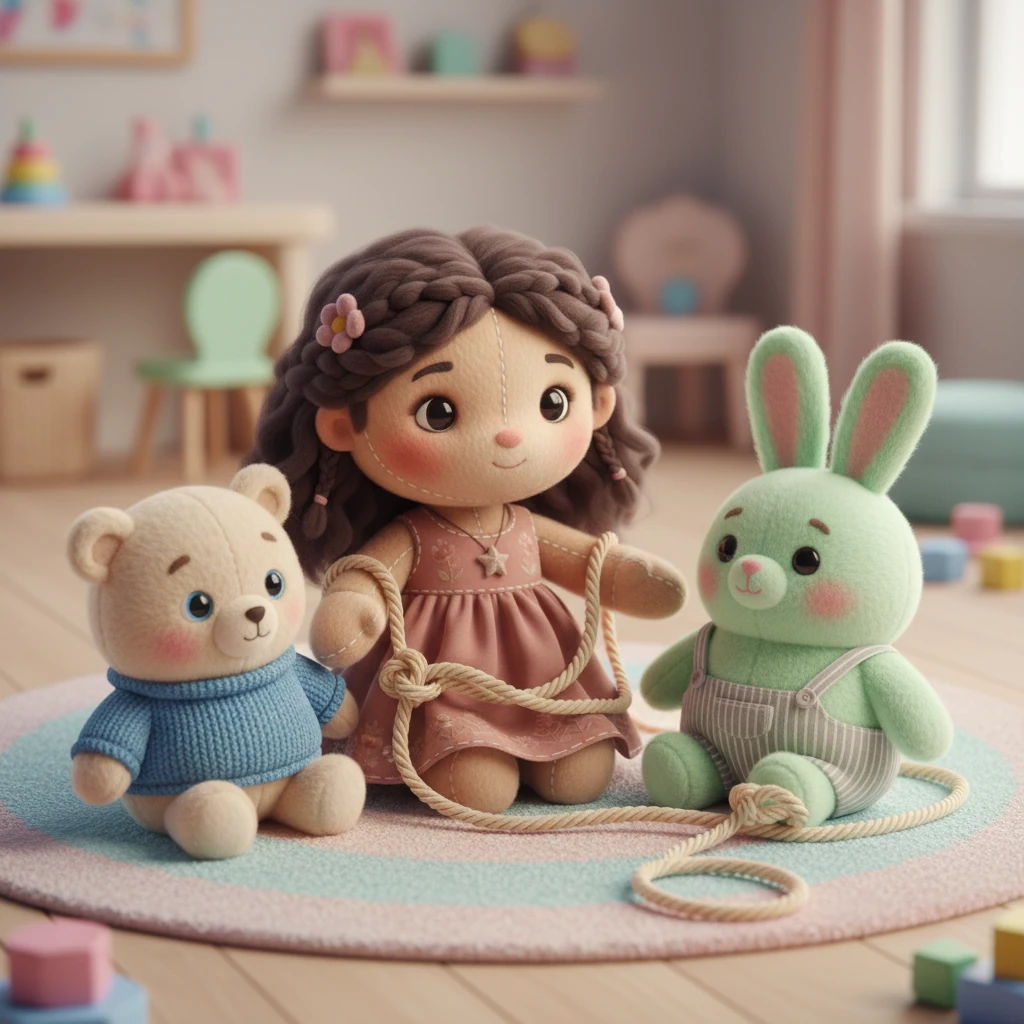 En otra escena, Sofía interactúa con dos amigos de formas igualmente suaves y redondeadas. Sus expresiones son amables, pero un hilo de comunicación, hecho de un suave cordón enredado, sugiere malentendidos o dificultades en sus relaciones.