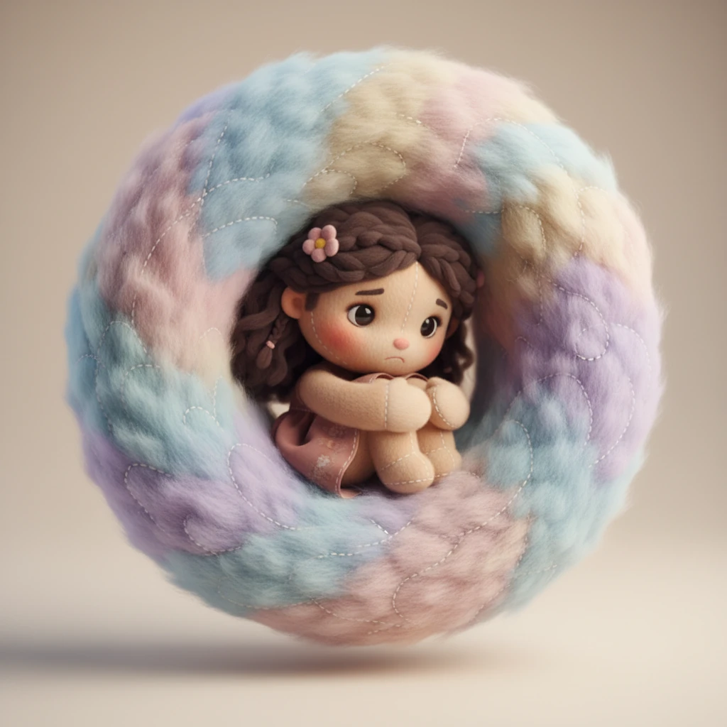 Sofía se acurruca, una nube esponjosa de suaves espirales pastel la envuelve, representando la ansiedad que la consume cuando las cosas no salen según lo planeado. Su expresión es de dulce preocupación, buscando consuelo en su interior.