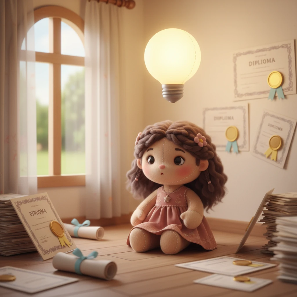 Rodeada por sus muchos diplomas, Sofía tiene un momento de suave revelación. Una bombilla de luz cálida y redonda se enciende suavemente sobre su cabeza, indicando que se ha dado cuenta de que la escuela no la preparó para los desafíos de la vida real.