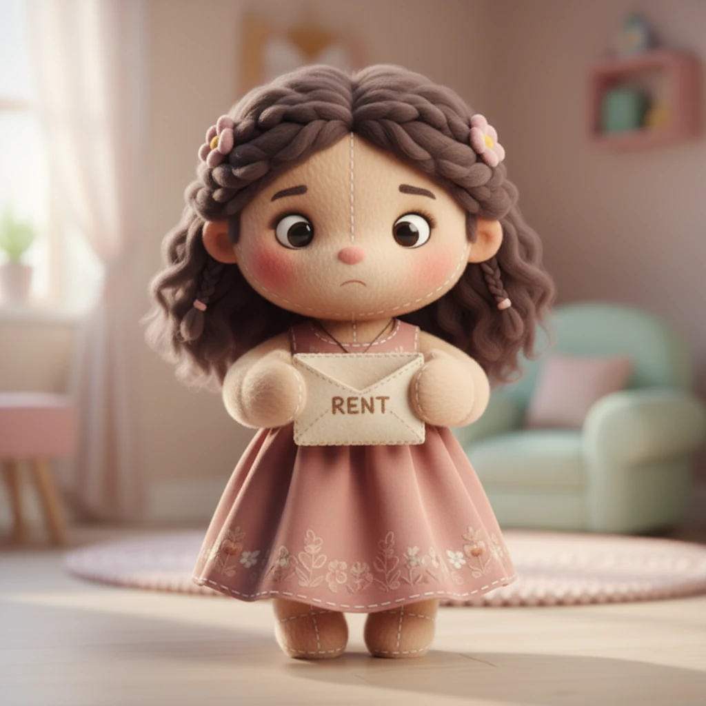 Sofía sostiene un sobre de peluche vacío con la palabra 'Alquiler'. Sus ojos grandes y suaves muestran una dulce incredulidad, sin entender por qué, a pesar de todo lo que sabe, no puede manejar las finanzas básicas.