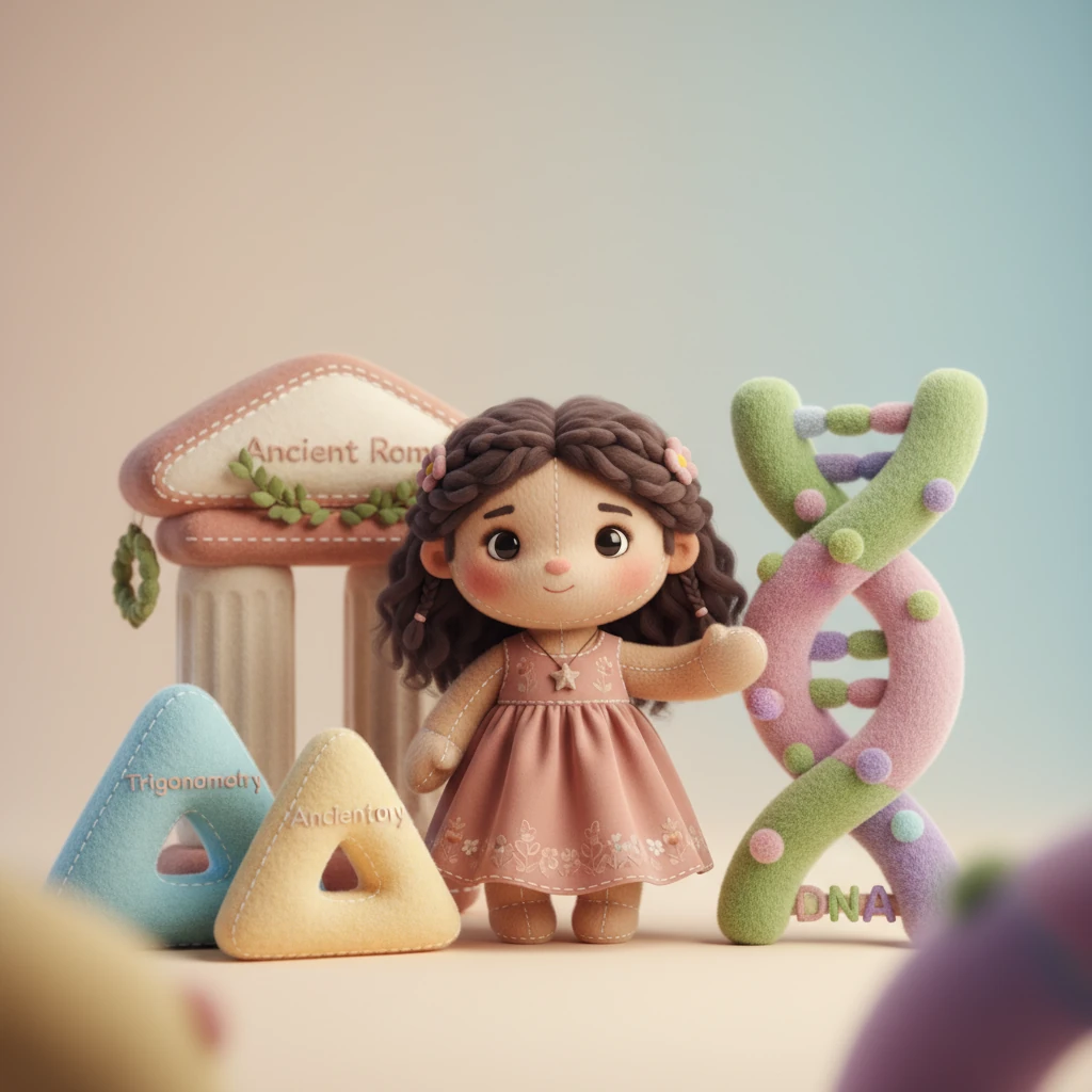 Sofía se encuentra entre representaciones suaves y abstractas de 'Trigonometría', 'Imperio Romano' y 'ADN', todas como formas complejas pero adorables. Su expresión es de dulce perplejidad, preguntándose por qué no hubo clases sobre habilidades prácticas para la vida.