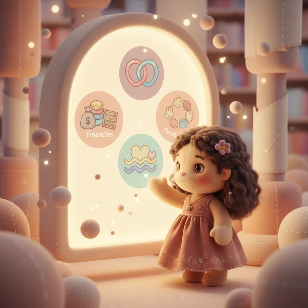 Con una expresión de suave determinación, Sofía busca respuestas. Se la ve navegando por una biblioteca de conocimientos suaves y brillantes, o mirando una pantalla con iconos redondos y reconfortantes que representan finanzas, emociones y relaciones.
