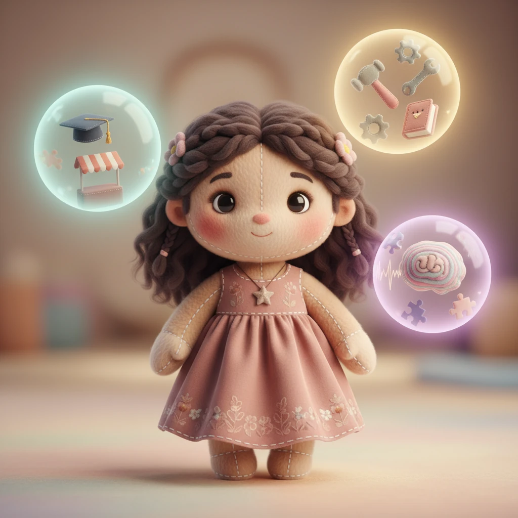 Tres orbes grandes, suaves y luminosos aparecen alrededor de Sofía, cada uno representando una de las lecciones clave que descubrió: la educación formal te prepara para el mercado, no para la vida; la inteligencia no es suficiente sin habilidades prácticas; y este conocimiento existe y se puede organizar. Su rostro irradia una dulce comprensión y calma.