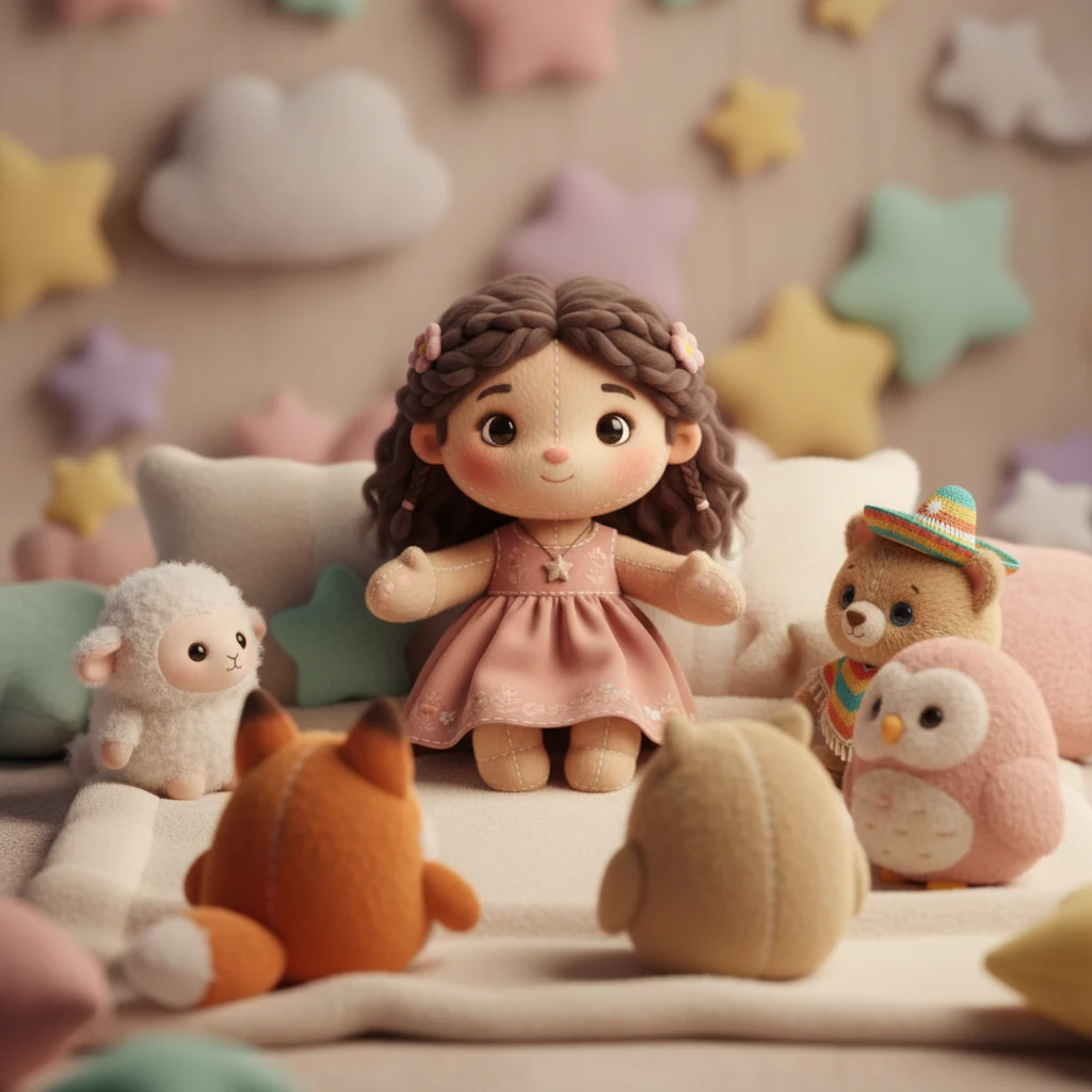 Ahora, Sofía irradia calidez y confianza. Se sienta en un entorno acogedor y de peluche, invitando suavemente a otros personajes redondos a unirse a ella, simbolizando la construcción de una comunidad y compartiendo su sabiduría recién encontrada con una sonrisa apacible.