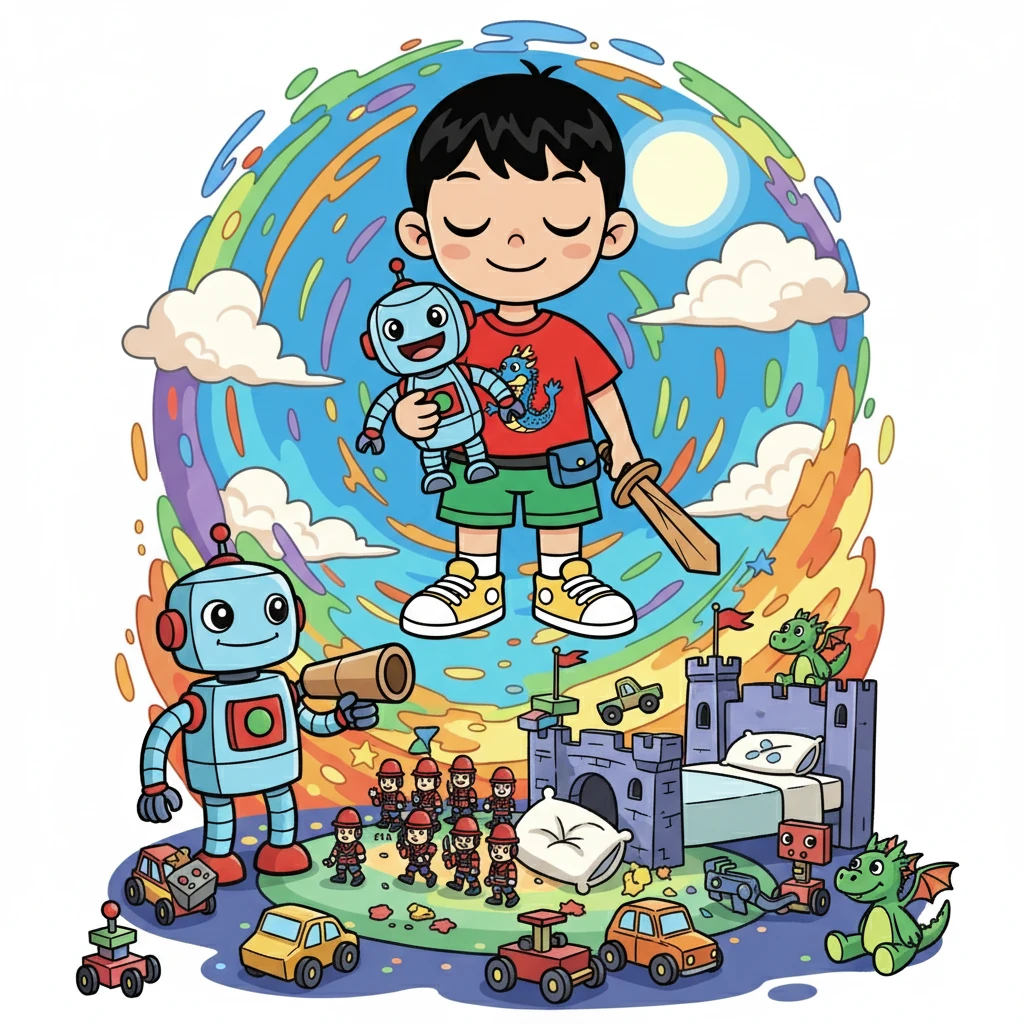 小明闭上眼睛，进入了一个五彩斑斓的梦境。他的房间变成了巨大的战场，所有的玩具都活了过来，准备开始一场激动人心的战斗。