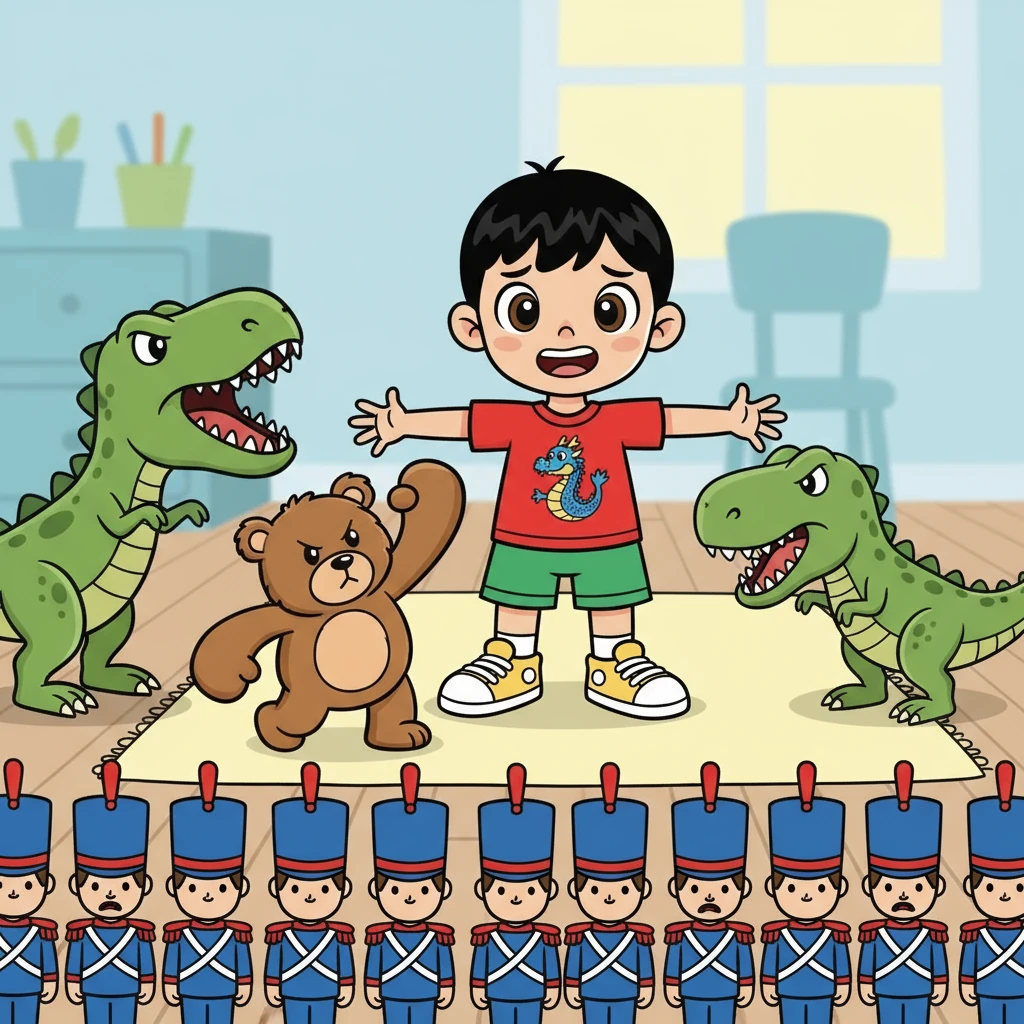 玩具士兵们列队整齐，玩具熊挥舞着拳头，恐龙玩具张开大嘴，仿佛随时准备冲锋陷阵。小明站在中间，既兴奋又紧张。