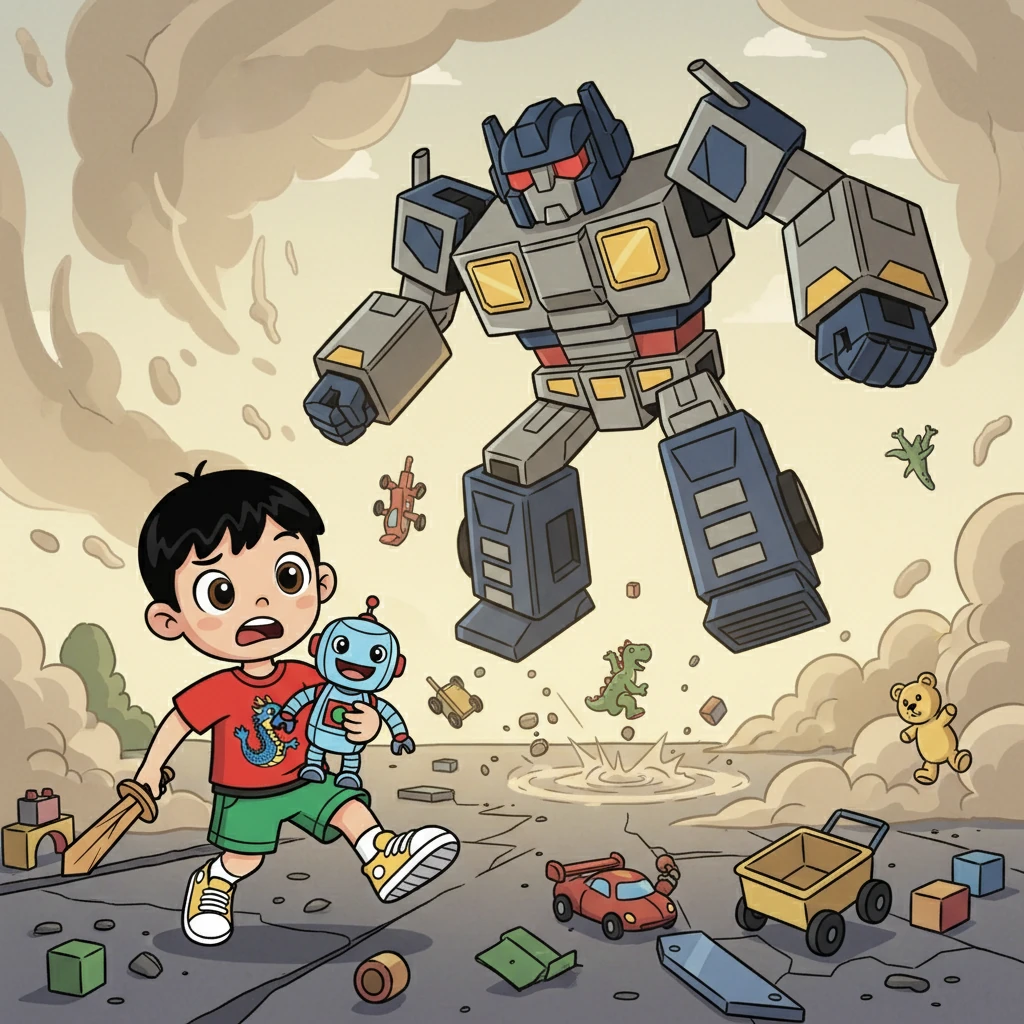 突然，一个巨大的变形金刚从天而降，它朝玩具们发起了攻击。玩具们纷纷躲避，整个战场乱作一团，尘土飞扬。