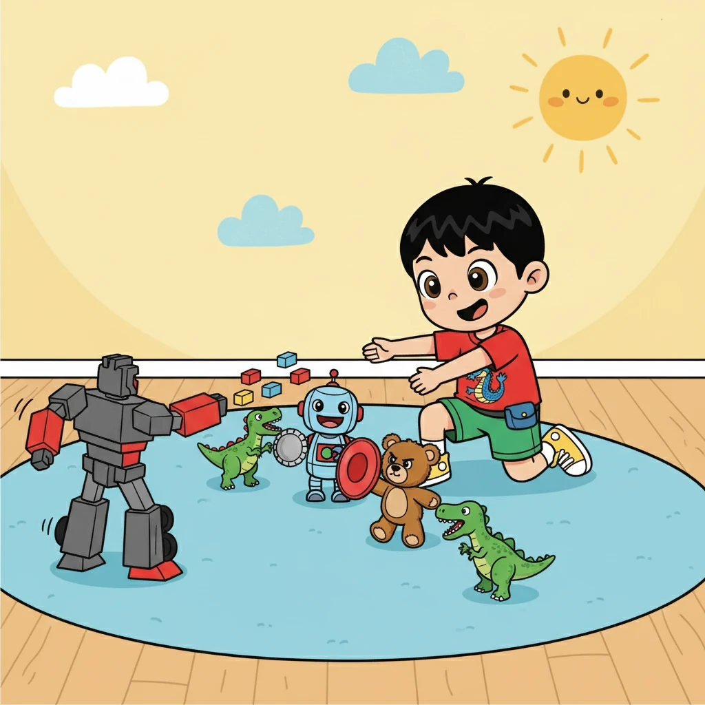 小明灵机一动，指挥着他的玩具们组成了一个防御阵线。玩具士兵们举起盾牌，玩具熊和恐龙玩具则负责攻击，与变形金刚展开激烈的对抗。