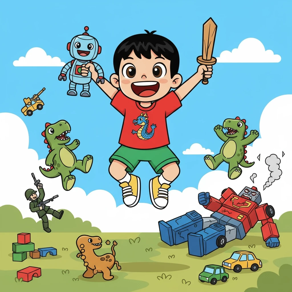 经过一番激烈的战斗，玩具们齐心协力，终于打败了变形金刚。小明和他的玩具们欢呼雀跃，庆祝胜利。