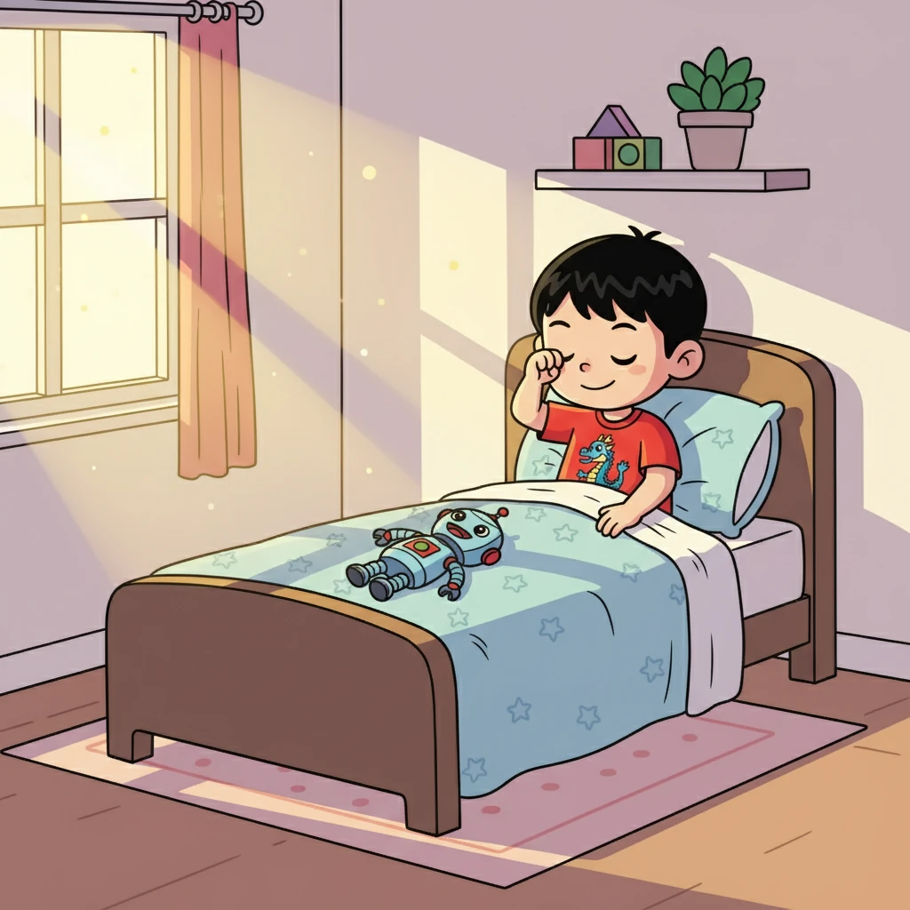 梦境渐渐消散，小明从梦中醒来。阳光洒进房间，他看着静静躺在床边的玩具们，心中充满了对它们的感激和爱意。