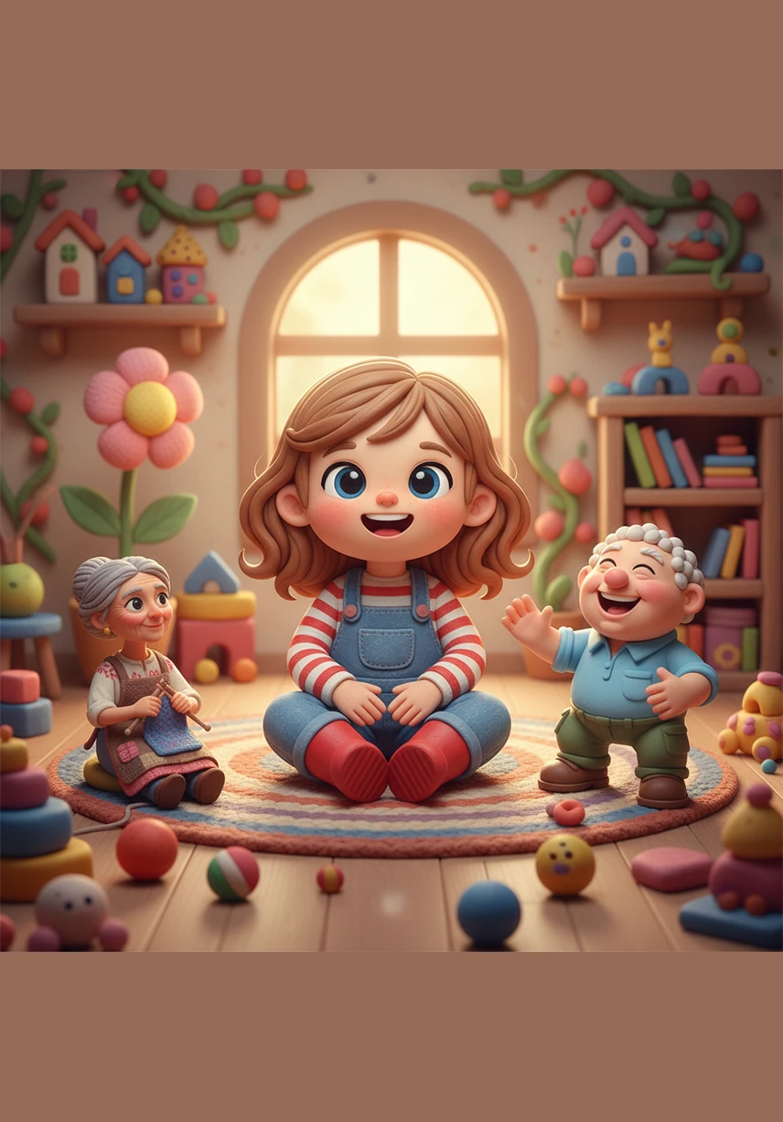 Emilia es una pequeña de dos años con el cabello castaño y una sonrisa radiante, modelada totalmente en plastilina de colores suaves. Se encuentra en su cuarto de juegos, un espacio mágico lleno de texturas y pequeñas figuras de arcilla que parecen cobrar vida.