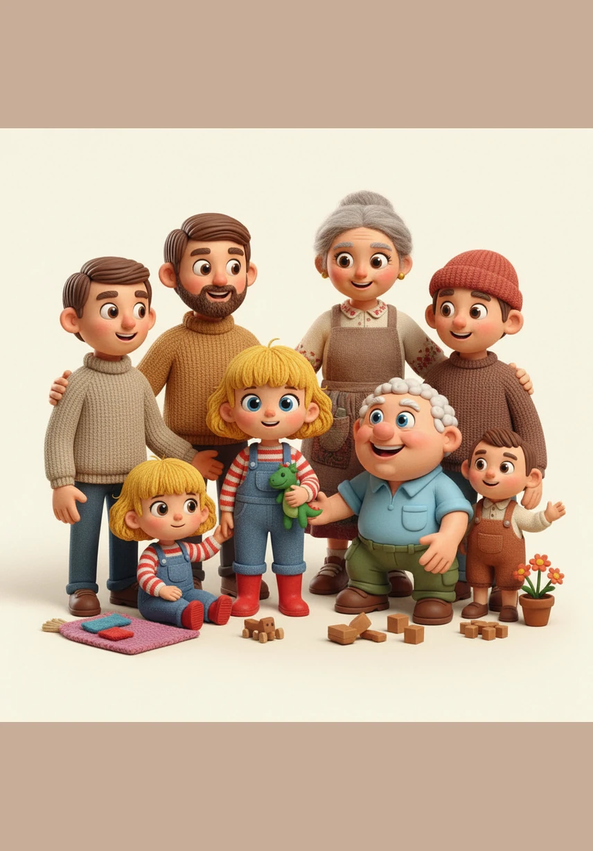 Su familia es un grupo numeroso y unido, representado por figuras de plastilina que desbordan calidez. Sus padres, abuelos, tías y primos siempre están presentes, creando un entorno lleno de abrazos y momentos compartidos en su hogar de stop motion.