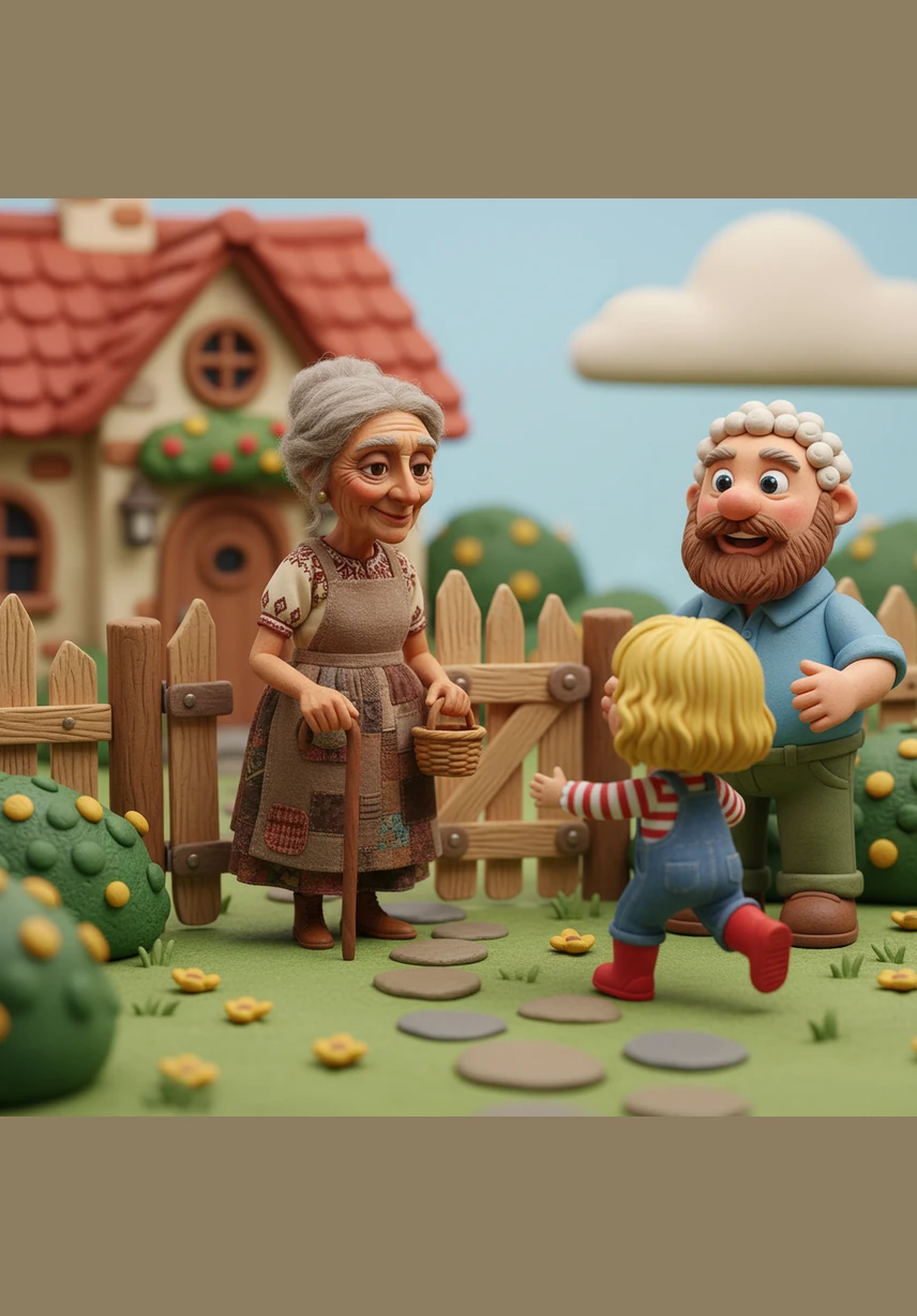 La bisabuela Ruthy llega a la casa con su cabello blanco como la nieve, moldeado con gran detalle en plastilina. Emilia corre hacia ella con los brazos abiertos, y el encuentro captura la esencia de un vínculo generacional lleno de ternura.