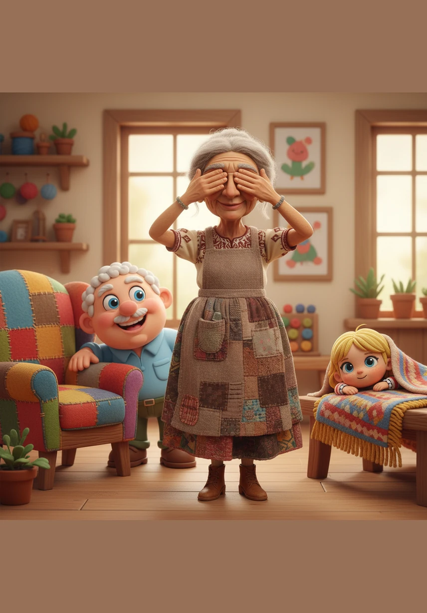 Deciden jugar a las escondidas y Ruthy se cubre los ojos con sus manos de plastilina, contando en voz alta. Emilia se esconde detrás de unas cortinas de tela real que contrastan con el mundo de arcilla, aguantando la risa con emoción.