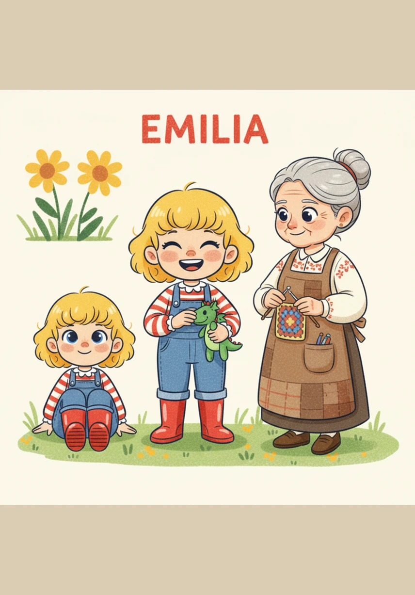 Toda la familia se une en el jardín para jugar a la ronda, formando un círculo de figuras entrelazadas. Emilia y Ruthy giran juntas en el centro, rodeadas de flores de plastilina y una atmósfera de pura felicidad familiar.