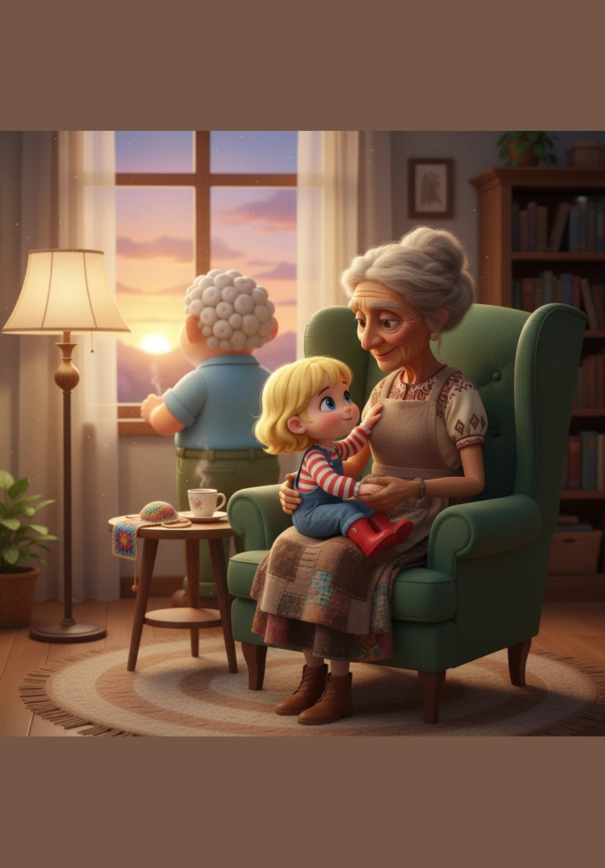 Cuando el día comienza a caer, Ruthy se acomoda en un sillón orejero y sienta a Emilia en sus piernas. Le cuenta historias de su juventud mientras la niña acaricia su cabello blanco, creando un momento de paz y aprendizaje.