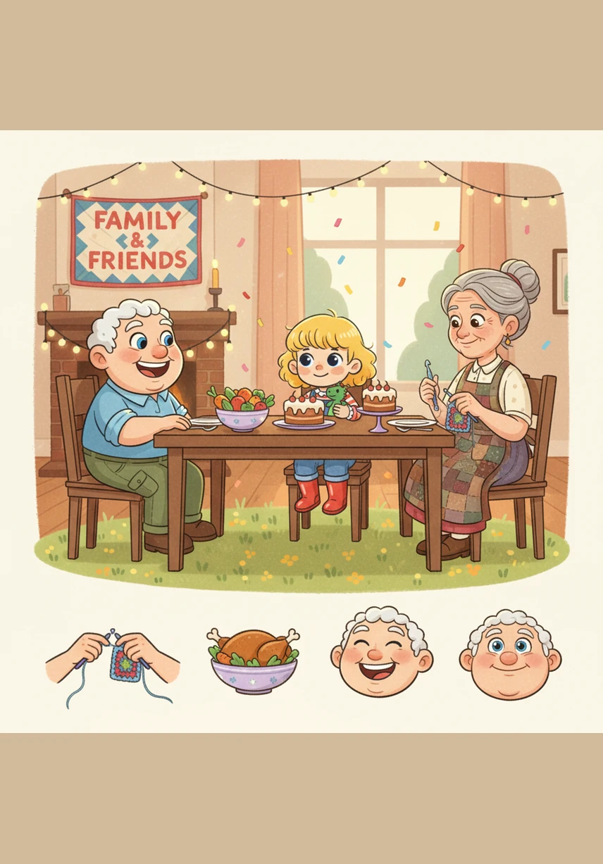 La cena es una celebración de la unión familiar, con todos sentados alrededor de una mesa llena de comida miniatura de plastilina. Las expresiones de las figuras reflejan la alegría de estar juntos, reforzando el mensaje de amor incondicional.