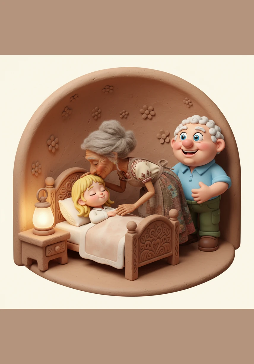 Finalmente, llega la hora de dormir y Ruthy le da a Emilia un tierno beso de buenas noches antes de arroparla. La pequeña cierra los ojos en su camita de arcilla, sintiéndose profundamente amada y protegida por su maravillosa familia.