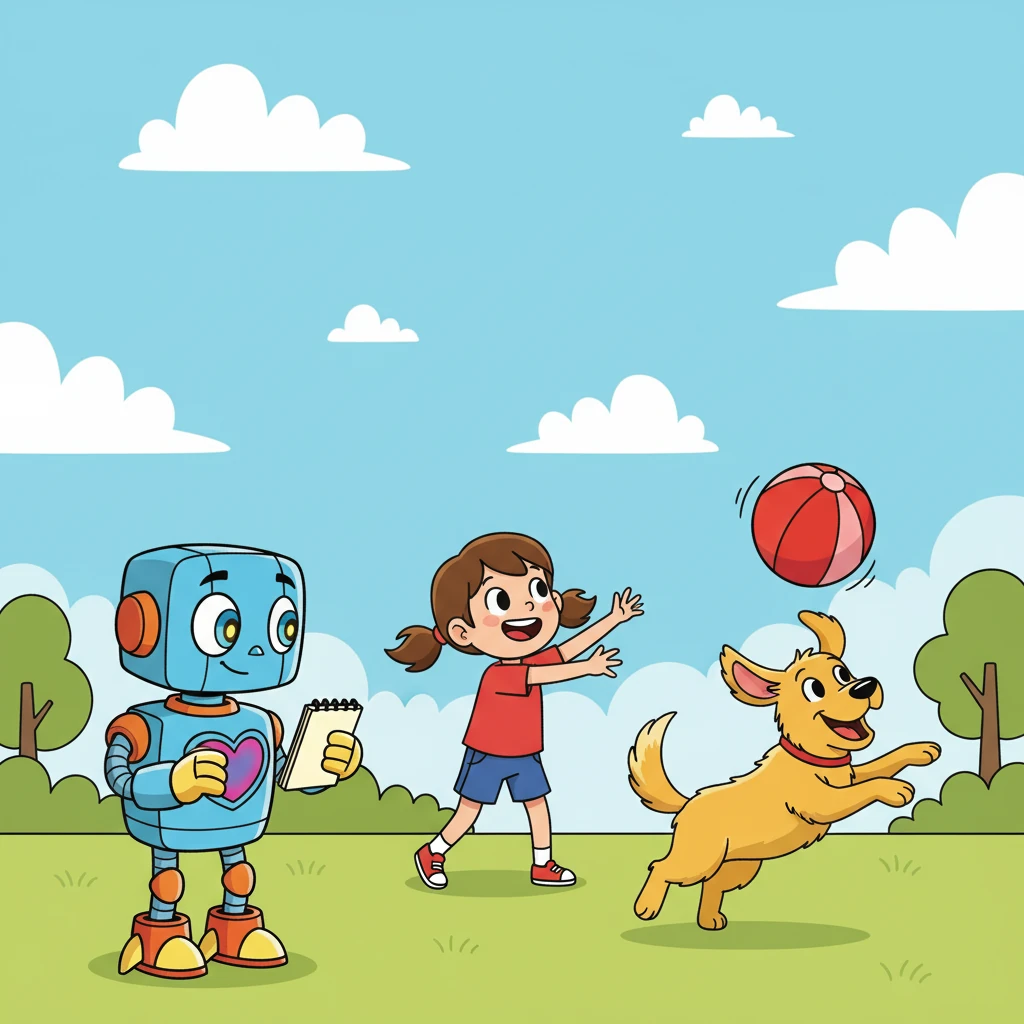 A-9 watched Lina and Bolt play in the park, their laughter echoing through the air. He observed the joy in their games, the way Bolt chased after a bright red ball, and Lina's delight as she threw it. He recorded all the data, but the feeling remained a mystery.