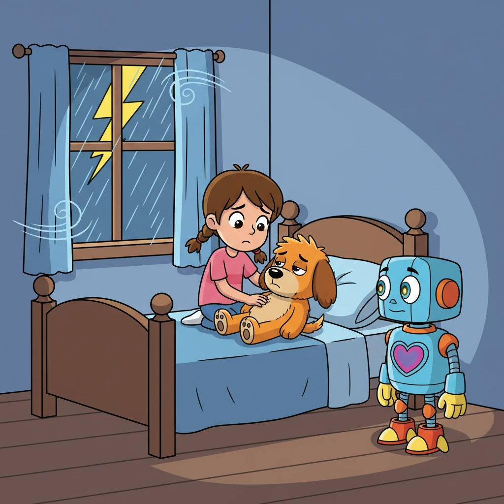 One day, a storm raged, the wind howling and the rain lashing against the windows. Bolt, usually full of energy, lay still on his bed. Lina stroked his fur, her face etched with worry, while A-9 watched, his optical sensors focused.