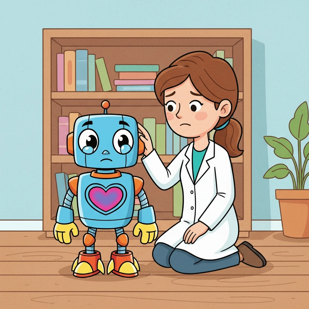Dr. Aris noticed the tear and gently placed her hand on A-9’s metallic head. She smiled sadly at him. "He's not broken, A-9," she whispered, "He's learning to feel."