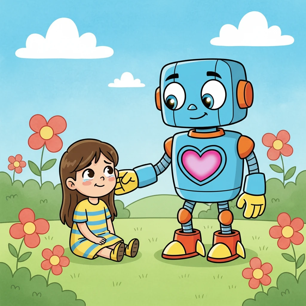 Lina, still sad, looked up at A-9, her eyes red. She offered him a small, shaky smile. A-9, in turn, extended his metallic hand towards her, a gesture of comfort he didn't know he was capable of.