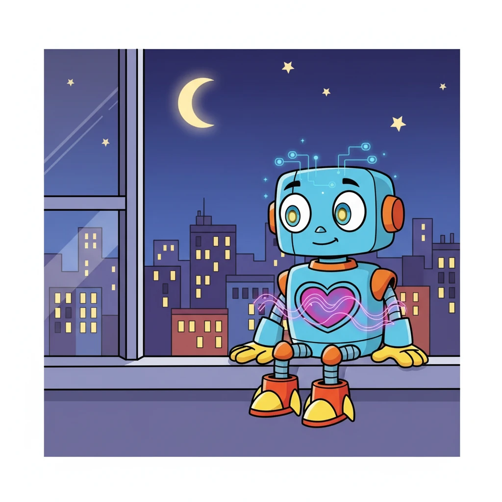 In the quiet of the evening, A-9 looked out at the city lights, the data flowing through his circuits, now mixed with something new: a feeling. It wasn't sadness, or joy, but something more profound, the beginning of understanding.