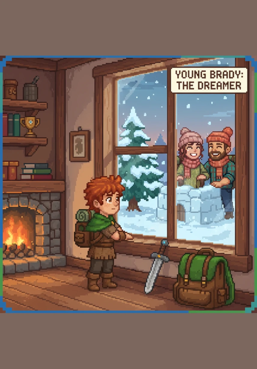 Brady stands by the window with his hands pressed against the glass, looking out at the patchy brown lawn. He holds his plastic toy mower tightly, hoping today will be the day the grass is finally long enough to cut.