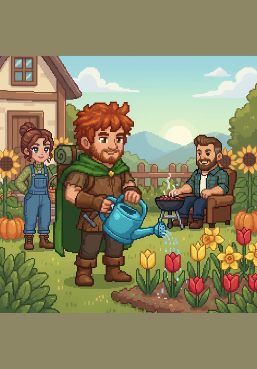 To pass the time, Brady grabs his bright blue watering can and heads into the garden. He carefully pours water over the sleepy flower beds, helping the tulips and daffodils wake up from their winter nap.