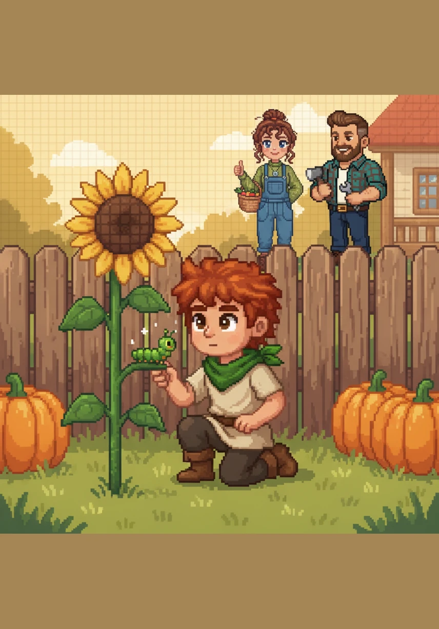 While exploring the yard, Brady spots a cluster of bright yellow dandelions peeking through the dirt. He kneels down to count each one, realizing that even if the grass is short, the world is starting to change color.
