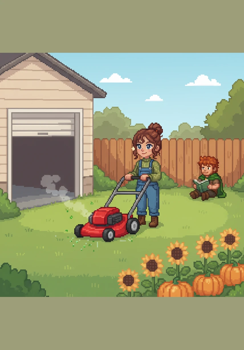 One sunny Saturday morning, the garage door creaks open and Mom pulls out the big red lawnmower. The familiar hum of the engine fills the air, and the sweet scent of freshly cut grass wafts through the backyard.