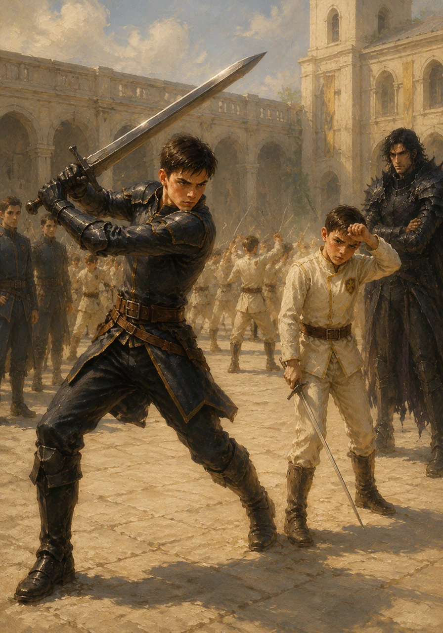 In the grand courtyard of the Vanguard Sword Academy, the afternoon sun gleamed off hundreds of practice blades. While Lucas swung his heavy iron broadsword with perfect form, Thomas wiped sweat from his brow, struggling to lift his own lightweight training rapier under the watchful eyes of their instructors.