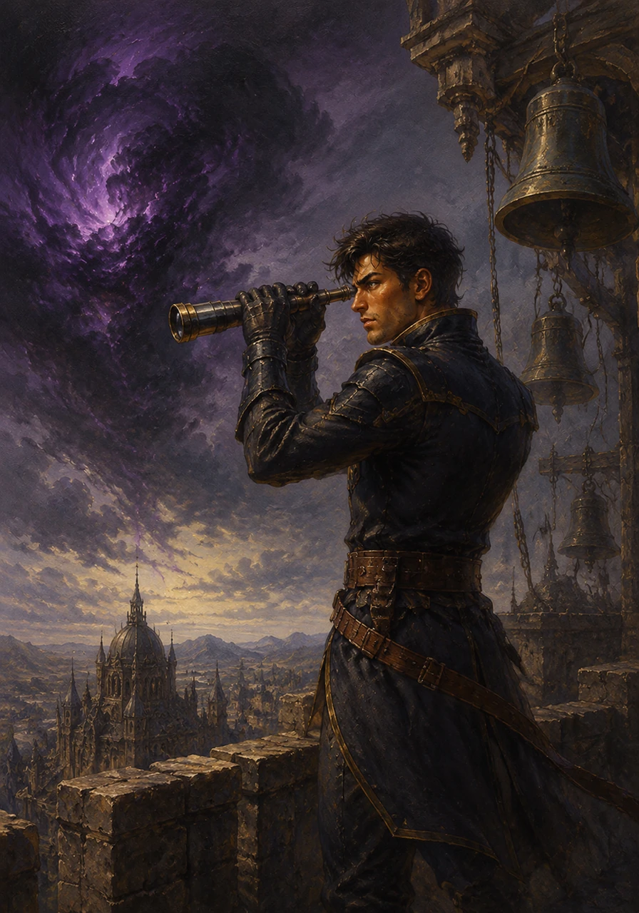 The peaceful afternoon shattered when the sky turned a bruised purple, and the academy's ancient alarm bells began to toll frantically. High up on the watchtower, Headmaster Vane peered through his spyglass at the horizon, where a dark cloud of demonic energy was rapidly approaching.