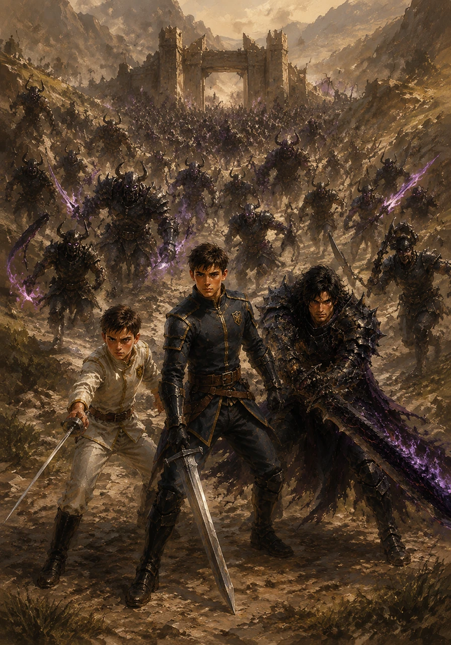 A massive horde of horned shadow demons and rogue human fighters known as Jokos breached the outer valley gates, their weapons glowing with chaotic energy. The Vanguard students quickly drew their weapons, forming a defensive line as the terrifying invaders charged down the hills toward them.