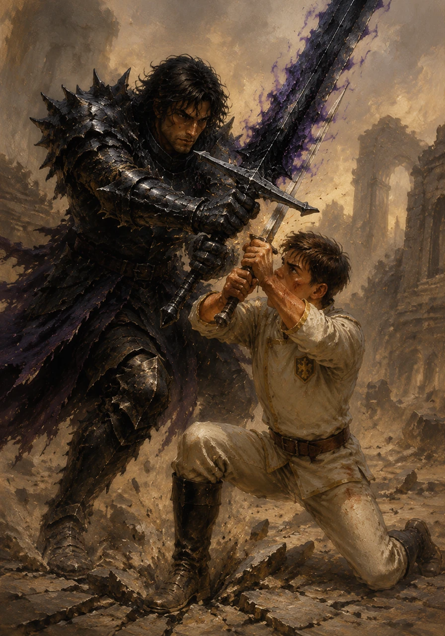 A fierce Joko commander named Kaelen, clad in spiked obsidian armor, locked eyes with Lucas and swung a massive, dark-infused claymore. Lucas blocked the blow, but the sheer force of the higher-ranked warrior pushed him down to his knees, cracking the stone floor beneath them.