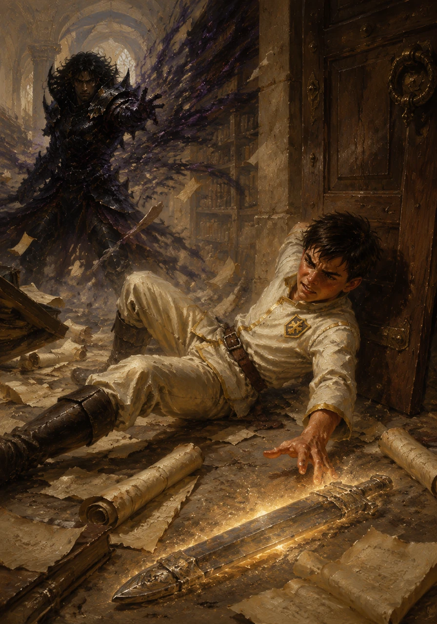 Enraged by the interruption, Kaelen unleashed a wave of dark energy that blew Thomas backward into the academy library doors. Inside, amidst scattered ancient scrolls, Thomas's hand brushed against a glowing, dust-covered scabbard that seemed to resonate with his own heartbeat.