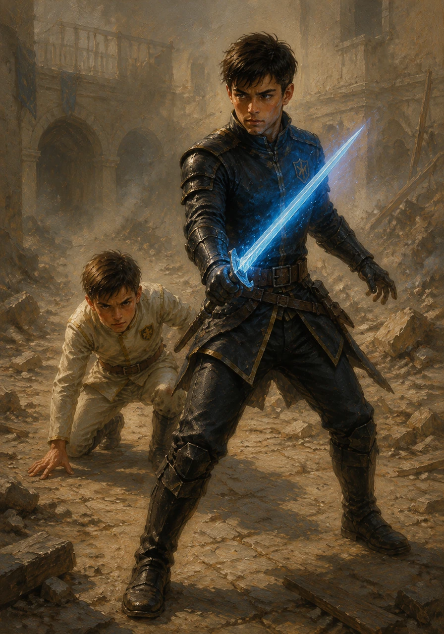 Thomas drew the hidden weapon, a slender blade shimmering with a pure azure light that completely erased his fatigue and weakness. He stepped back out into the chaotic courtyard, the mysterious sword guiding his stance as he stood side-by-side with a recovering Lucas.