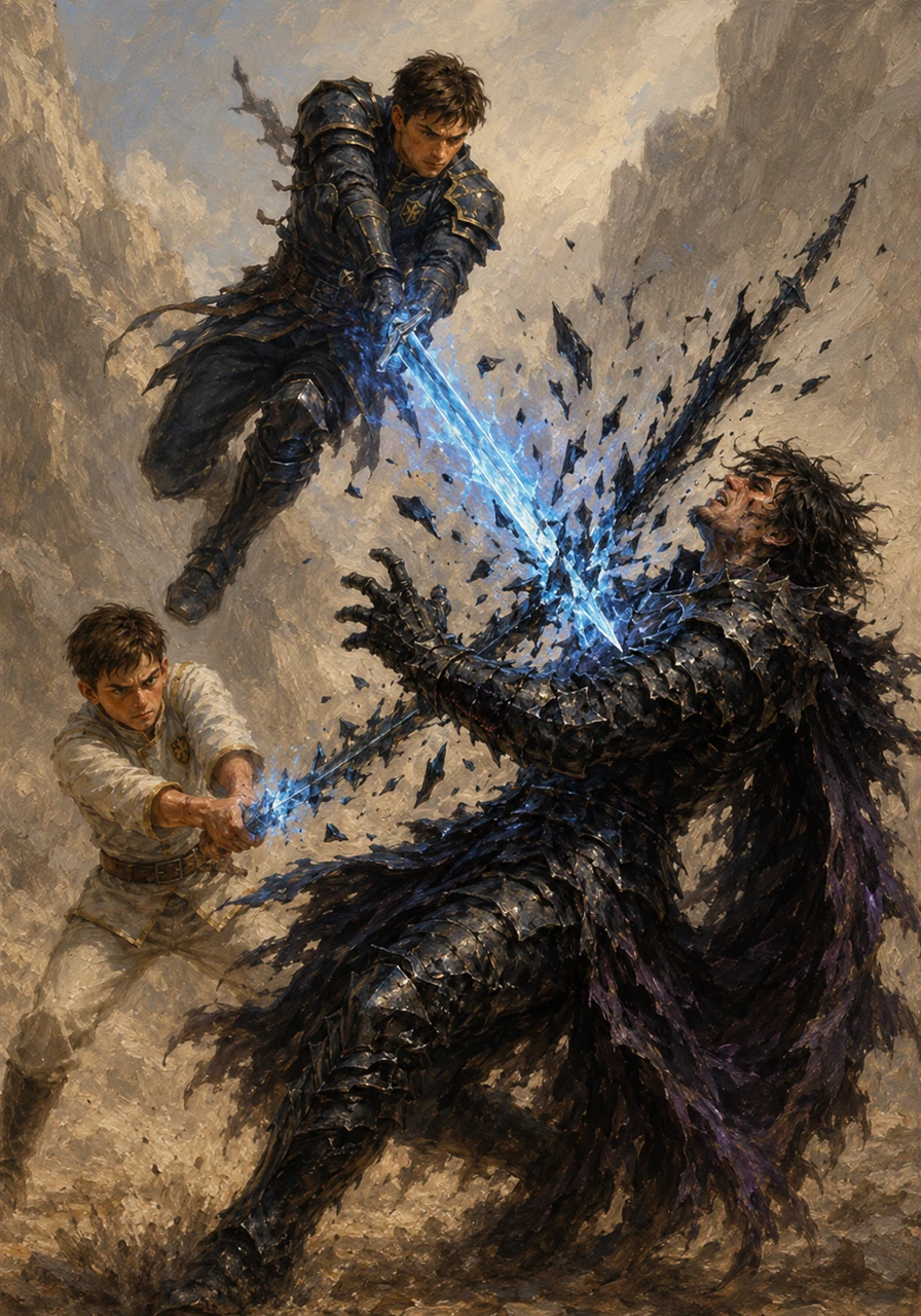 Combining Lucas's immense physical power and Thomas's newfound agility, the two friends unleashed a coordinated counterattack against the Joko commander. The brilliant azure light of Thomas's sword shattered Kaelen's dark claymore, proving that even a lower-ranked swordsman could defeat a superior foe with the right bond and courage.