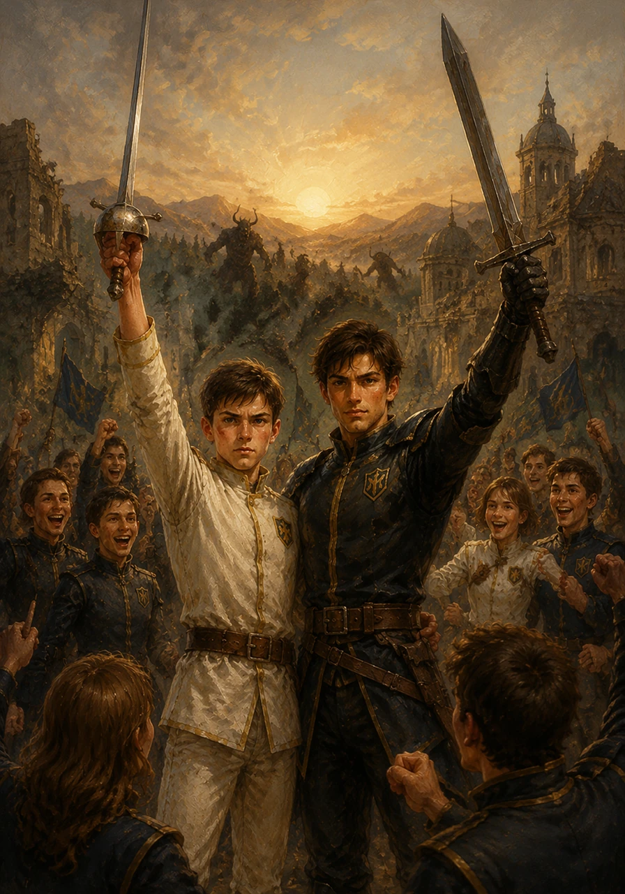 As the remaining demons and Jokos retreated into the dark forests, the morning sun began to rise over the damaged but victorious academy. Standing among their cheering classmates, Thomas and Lucas raised their swords together, knowing their journey to truly save this war-torn world had just begun.
