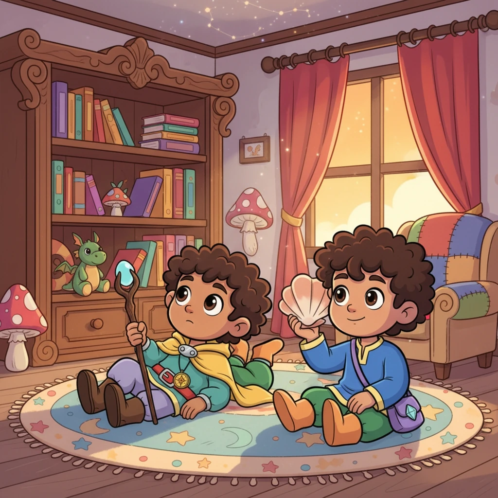 In a cozy, colorful house, Vyom, with shining, curious eyes, dreams of adventure while his younger brother Abhishrav, small and thoughtful, listens to the gentle sounds around them. Their home is filled with warmth and the promise of discovery.
