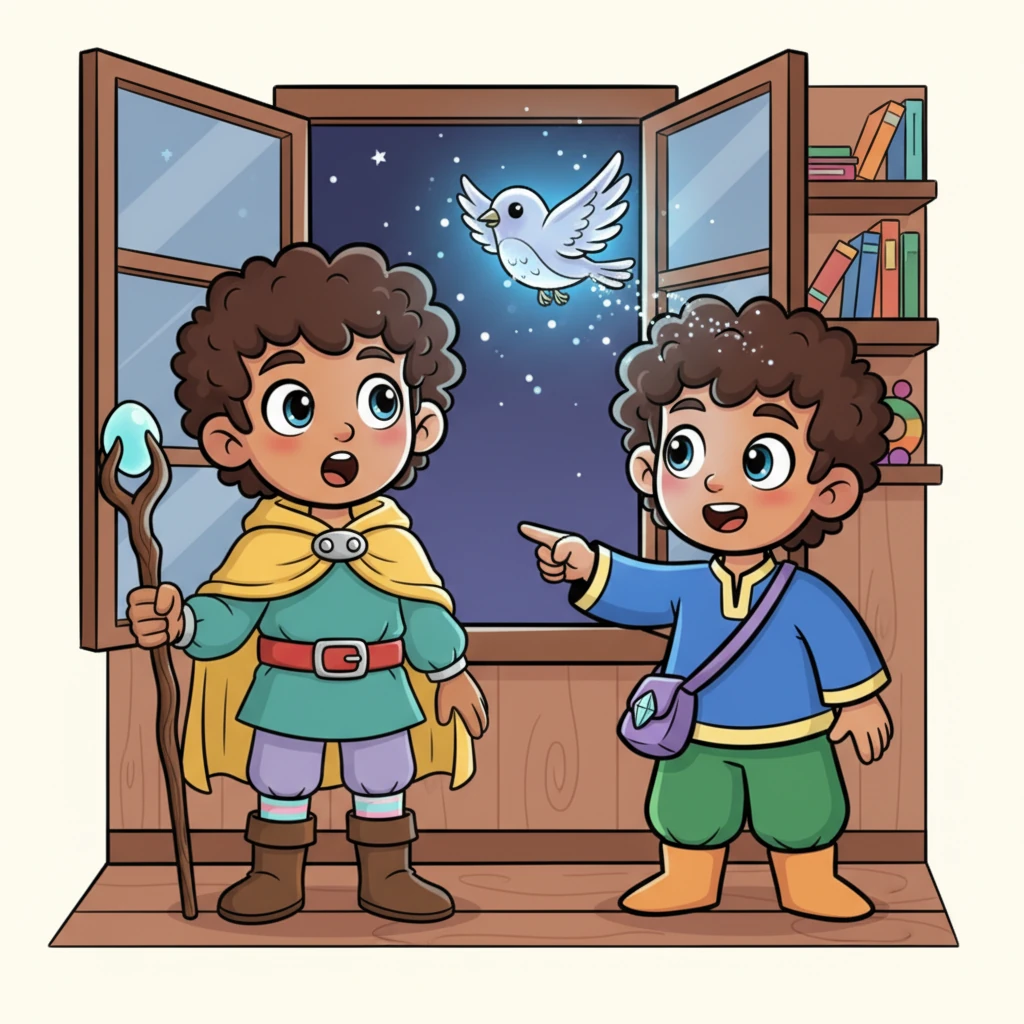 Suddenly, a tiny silver bird, glowing and shimmering with magical light, flies through their open window. It looks directly at the brothers, its presence filling the room with a soft, ethereal glow.