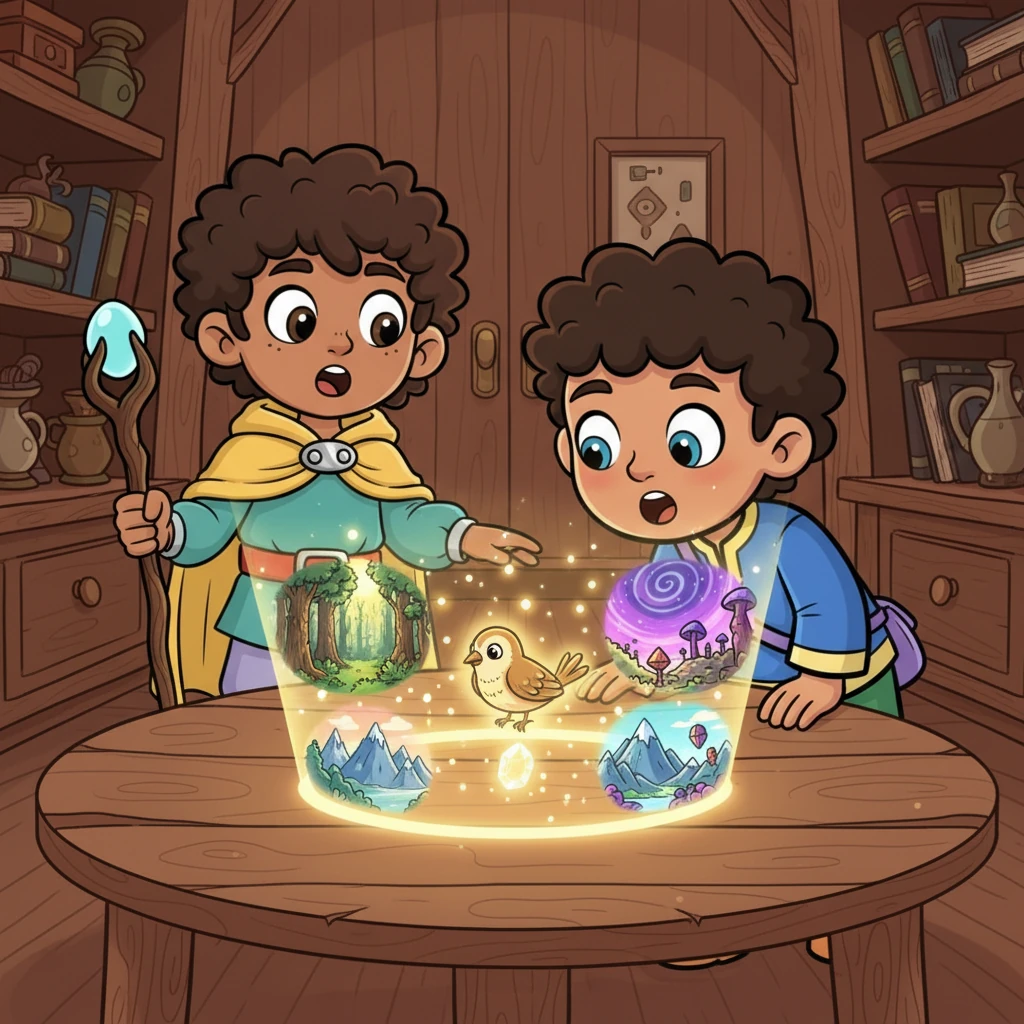 The glowing bird perches on the table and drops a tiny crystal map that immediately illuminates, displaying moving pictures of fantastical lands: forests, mountains, and even strange purple alien worlds. The bird explains that the 'Heart of Wonder' is broken.